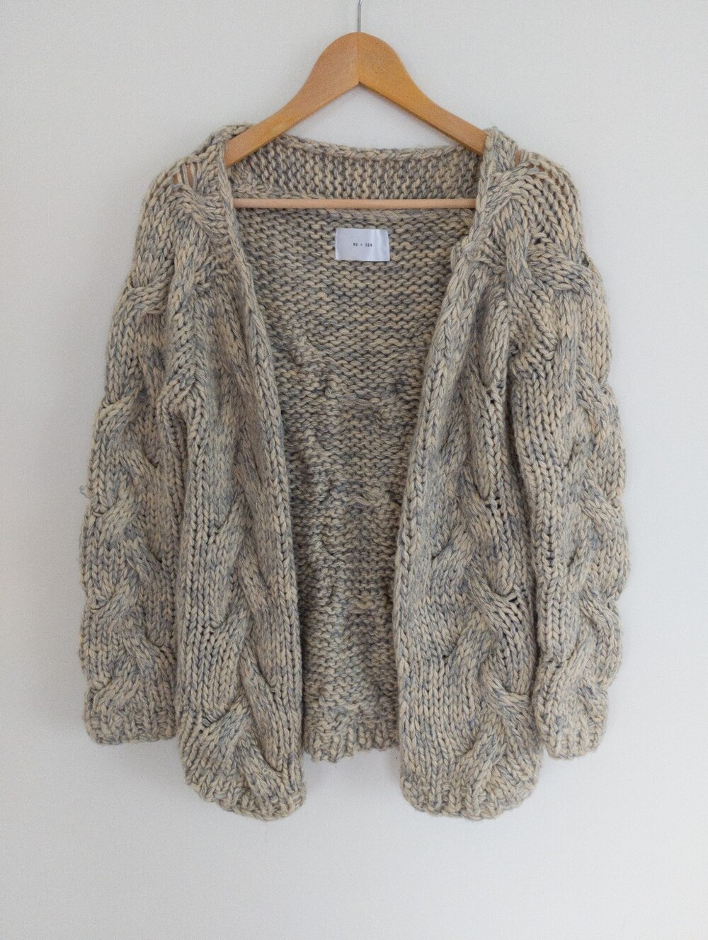WU + SEN Chunky Cable Knit Cardigan Sweater Cream Gray Oversized S/M/L